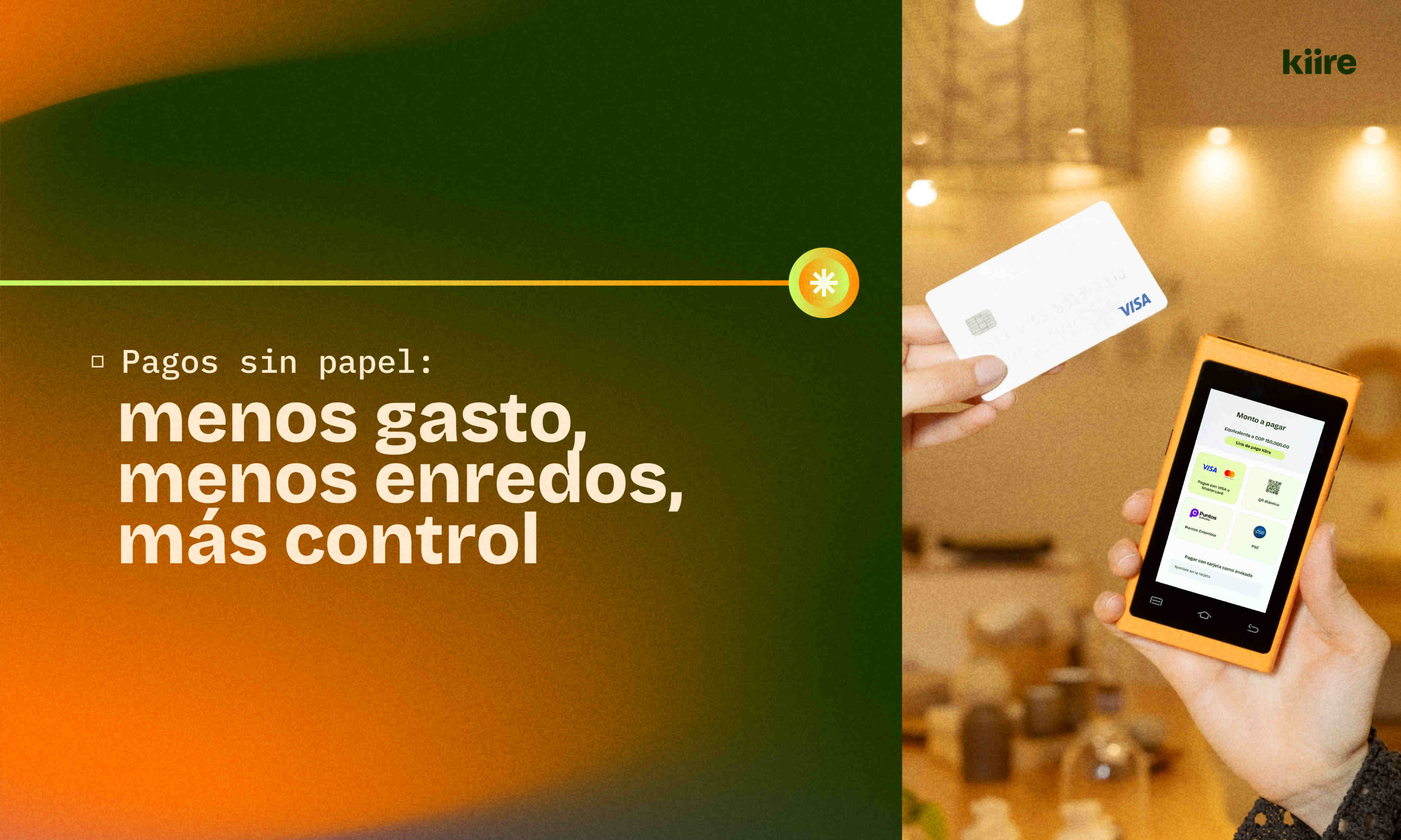 Mano con tarjeta frente a un datáfono Kiire naranja junto al título del artículo