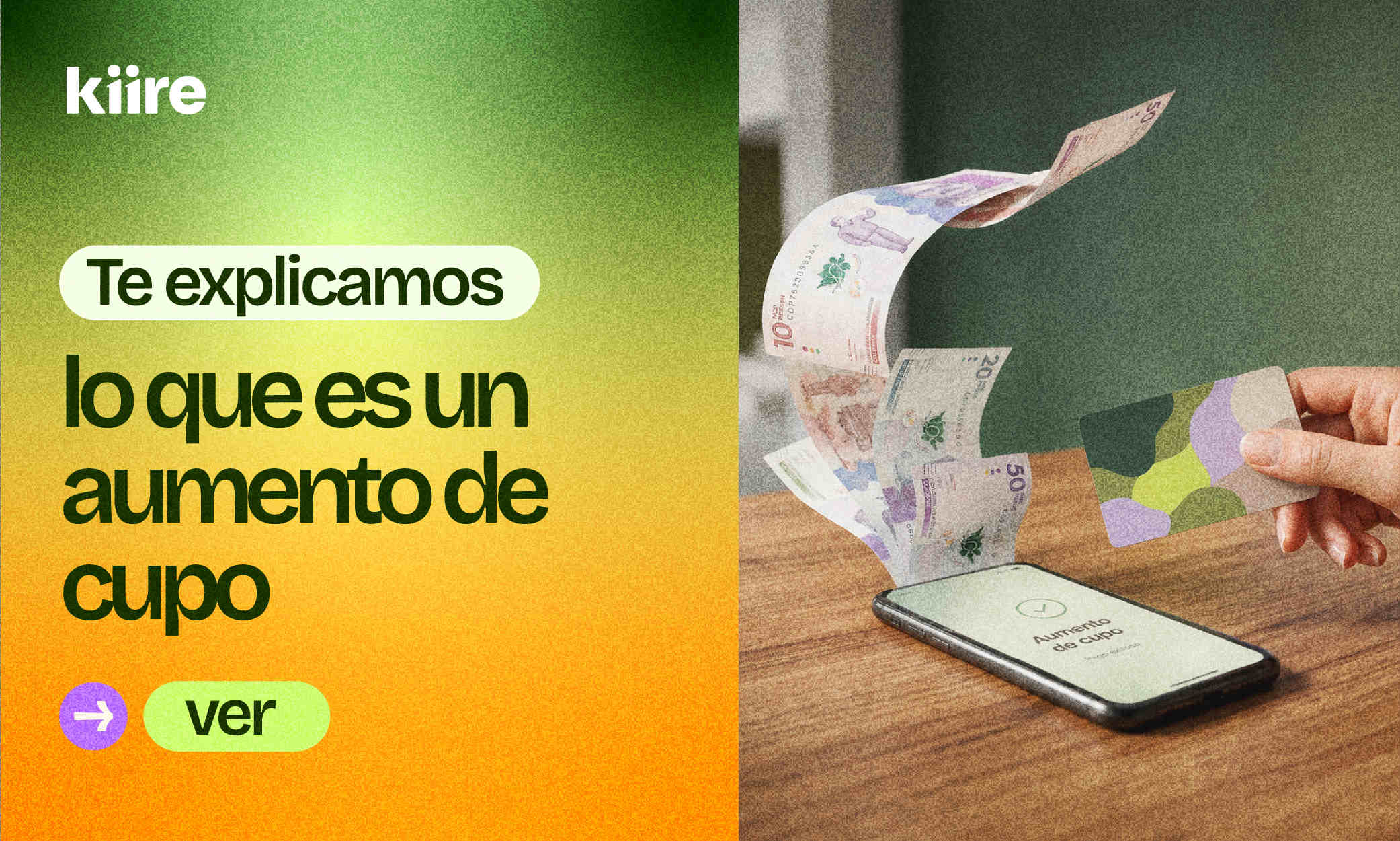 Billetes flotando sobre un celular con una pantalla de confirmación junto al título: Te explicamos lo que es un aumento de cupo.