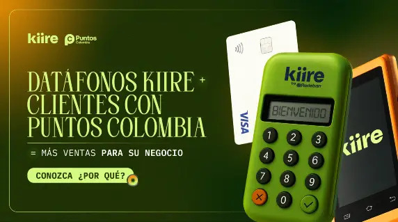 Datáfonos Kiire junto a una tarjeta Visa, acompañados del título: Datáfonos Kiire + clientes con Puntos Colombia = más ventas para su negocio.