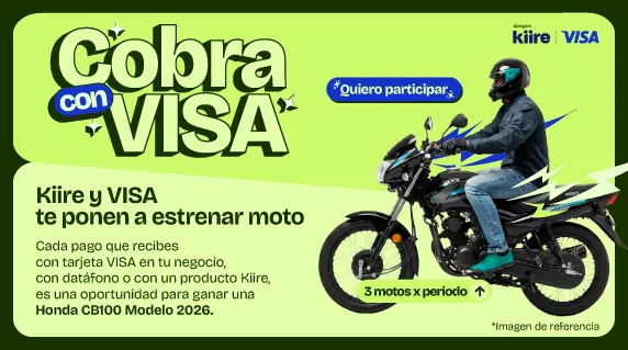 Persona en una motocicleta junto al título: Cobra con VISA. Kiire y VISA te ponen a estrenar moto.