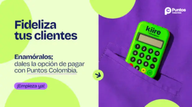 Datáfono Kiire en el bolsillo de una prenda morada junto al título: Fideliza tus clientes. Enamóralos; dales la opción de pagar con Puntos Colombia.