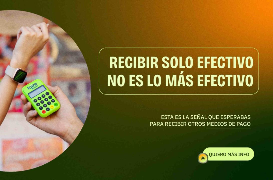 Persona pagando con reloj en datáfono Kiire. Texto: Recibir solo efectivo no es lo más efectivo
