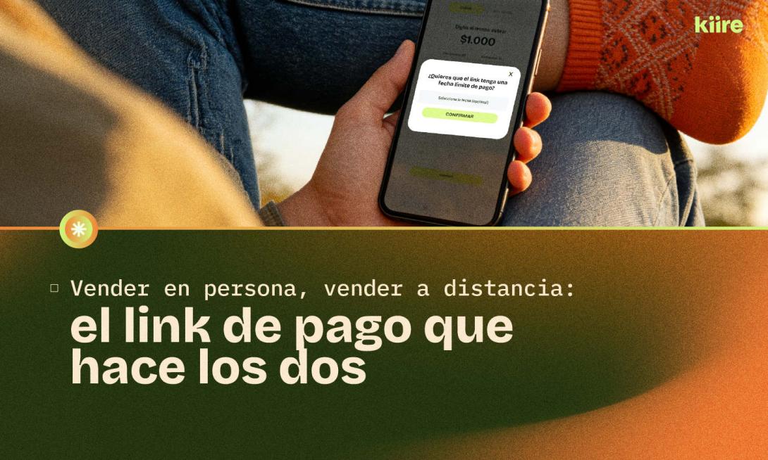 Persona usando la app de Kiire para crear un link de pago junto al título del artículo.